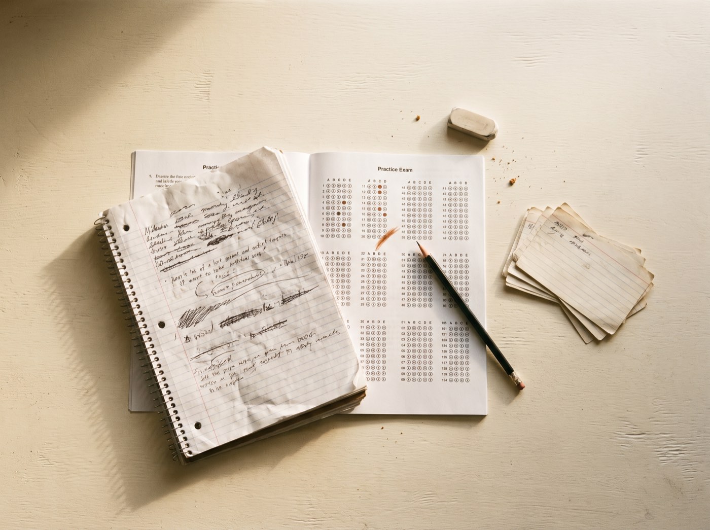 A practice exam answer sheet, a notebook of worked-through problems, and a stack of index cards on a desk